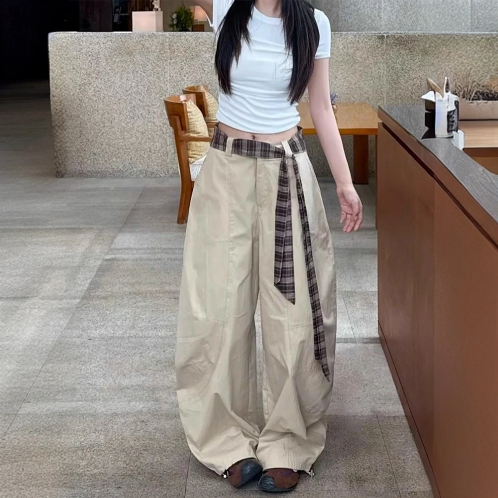 卡其色美式复古拼接格子裤子女夏季薄款宽松阔腿工装裤弯刀拖地裤