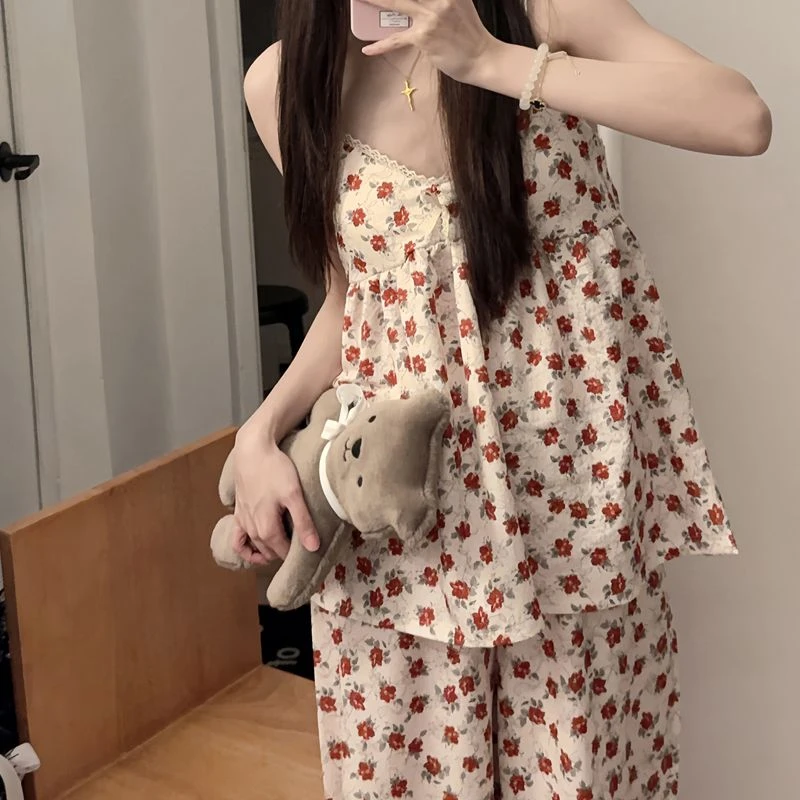 小红花睡衣女夏季薄款带胸垫背心吊带甜美新款可外穿家居服套装夏