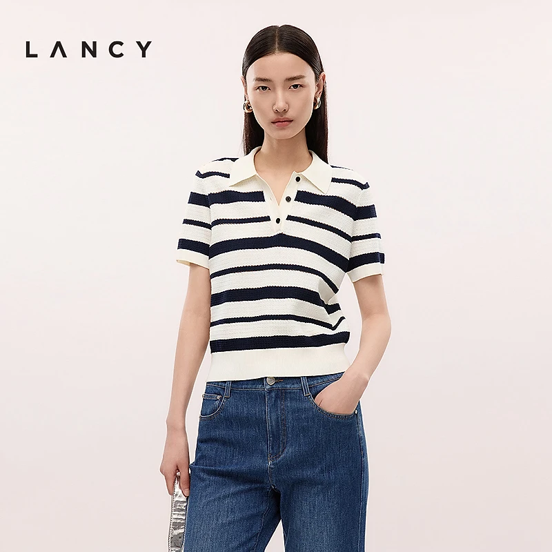 LANCY/朗姿2025夏新款撞色条纹polo领短袖针织衫女简约气质上衣