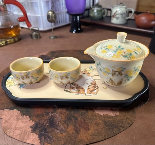 哥窑果黄猫咪手抓壶盖碗茶具一壶两杯茶壶带长方形猫咪长盘020