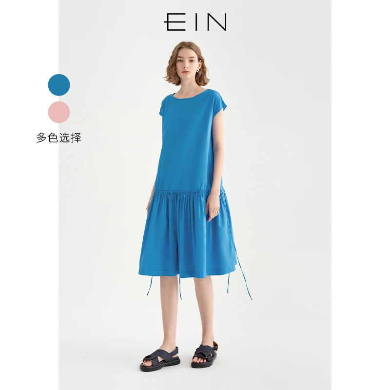 EIN/言克莱因蓝文艺简约低腰抽绳连肩袖纯棉连衣裙2025夏季新款