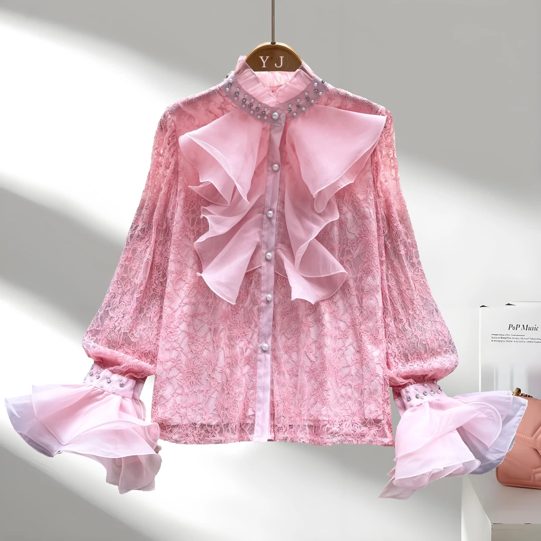 法式钉珠镶钻荷叶边拼接喇叭袖蕾丝衬衫打底衫网红洋气炸街女装