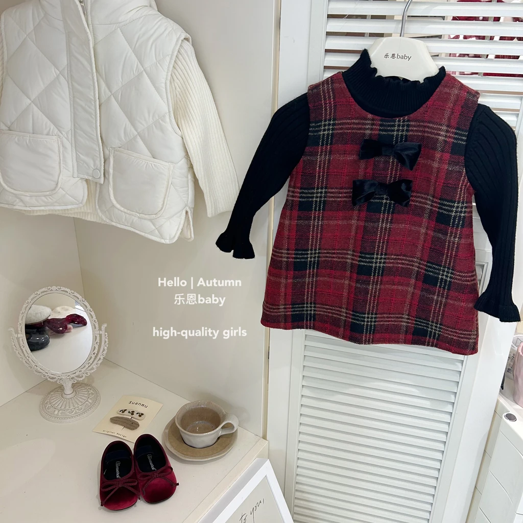 现货【乐恩童装】女童冬季过年服格子背心加绒裙宝宝加厚连衣背心裙