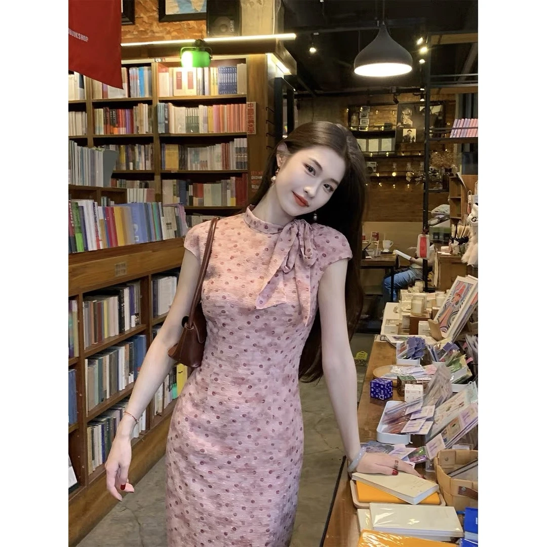 凌茜恣禾粉蝶法式波点蝴蝶结连衣裙女夏收腰绝美开叉长裙套装5818