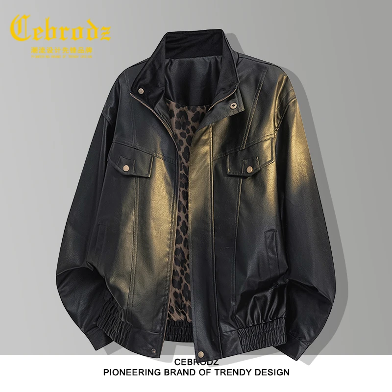 法国Cebrodz美式豹纹机车皮衣男秋季新款高街痞帅夹克荔枝纹外套