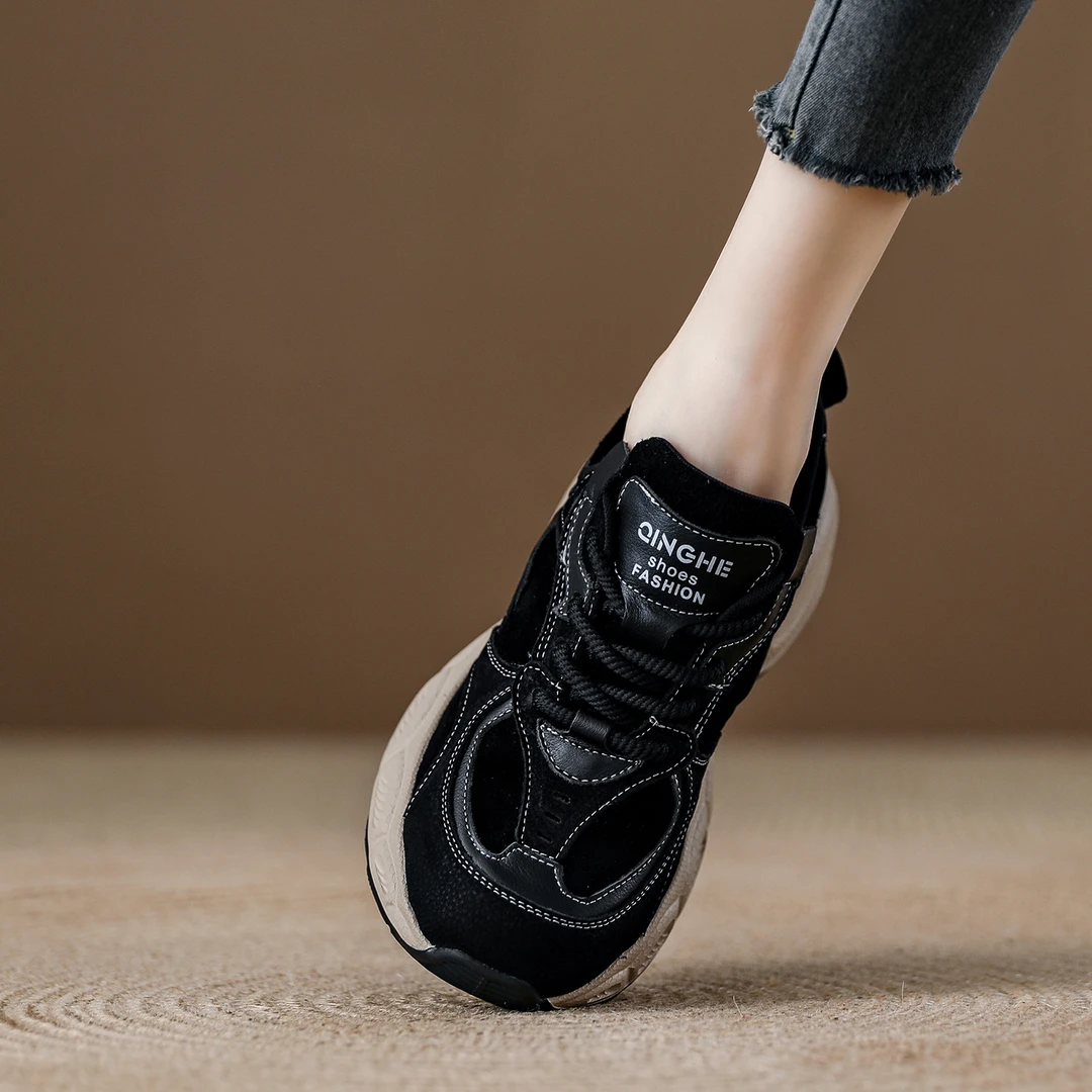 头层牛皮复古老爹鞋女厚底增高休闲鞋2025秋季新款软底轻便运动鞋