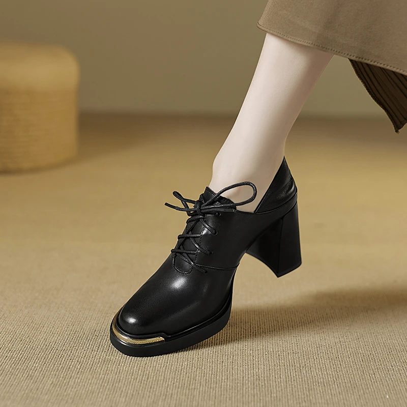 通勤8cm粗跟圆头单鞋春秋季新款系带高跟鞋防水台厚底真皮女鞋子