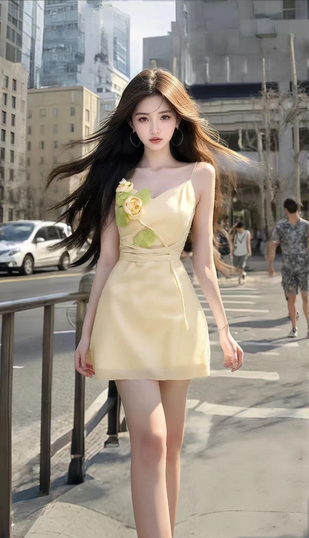 时尚温柔风黄色V领吊带立体花朵设计收腰连衣裙女小众气质高级感