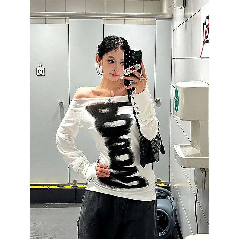 字母斜肩美式复古夏季辣妹印花长袖防晒T恤显瘦新款修身打底上衣