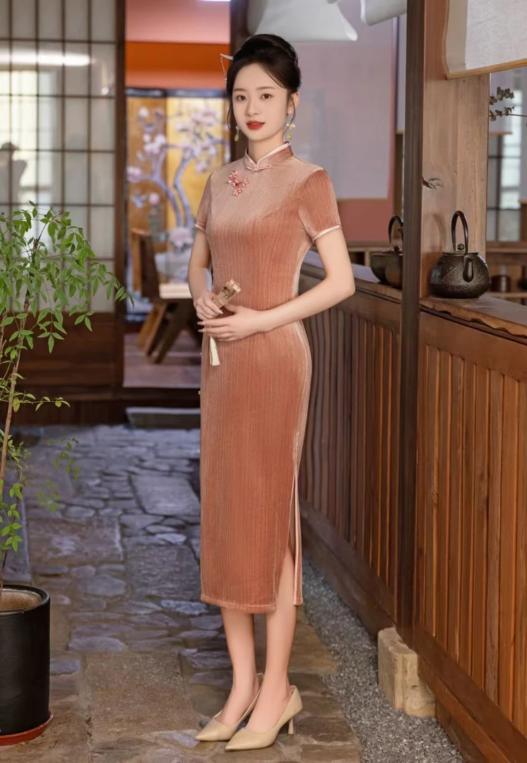 （芳华）花扣单层微弹118公分优雅气质纯色国风复古旗袍