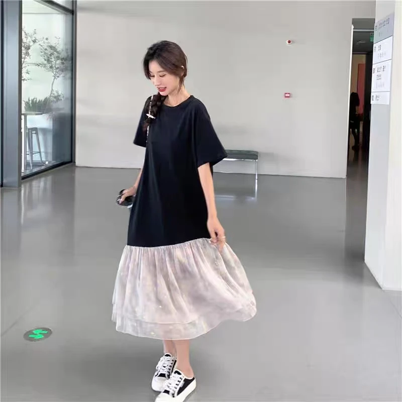 【星屑悸动】大码女装显瘦连衣裙夏季休闲宽松黑色高级感短袖卫衣裙