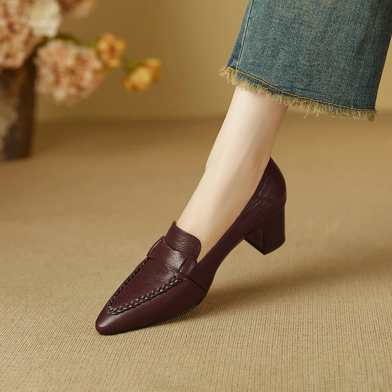 复古真皮高跟浅口单鞋女2025春秋新款尖头粗跟百搭小皮鞋气质女鞋