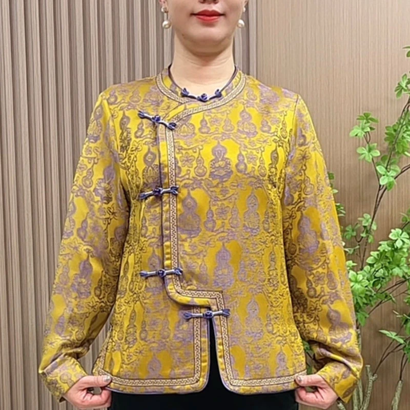 妈妈装春装国风斜襟上衣中老年女装春秋新中式盘扣提花旗袍开衫