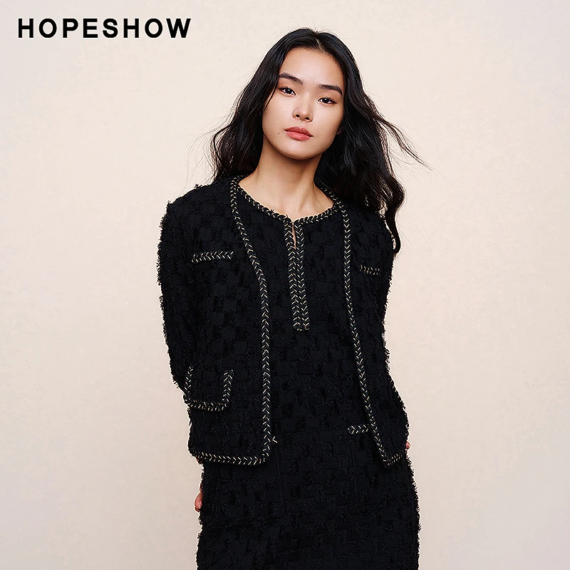 红袖新款女装 肌理感正肩织带边V领外套89324020102