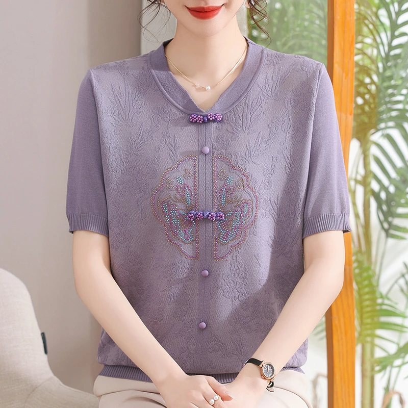 妈妈夏装针织短袖上衣2025新款中老年女装遮肉显瘦洋气T恤两件套