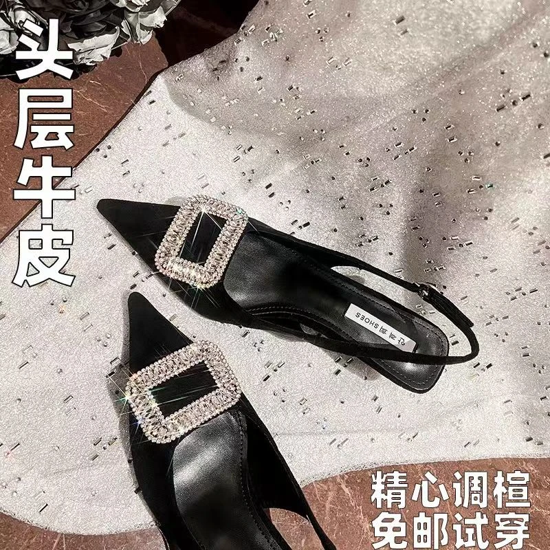 （主播推荐）法式水钻高跟包头凉鞋2025新款中跟尖头气质女鞋