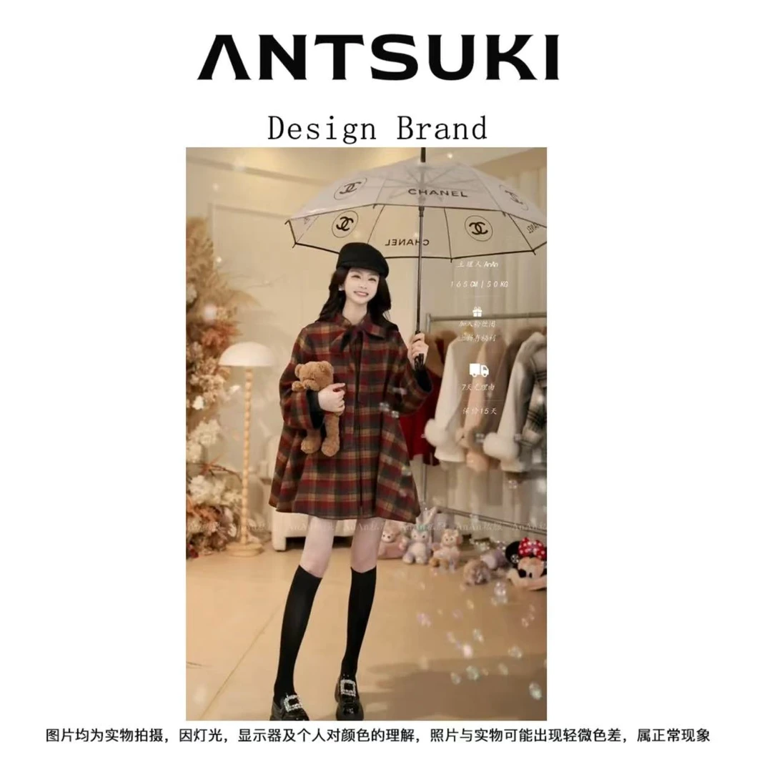 AnTsuki.【胡桃夹子】冬季格纹时尚休闲上衣蝴蝶结外套女1024