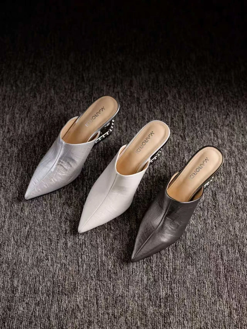 7cm坡跟中跟尖头包头拖春夏春季法式高跟极简风凉拖真皮鞋 51017