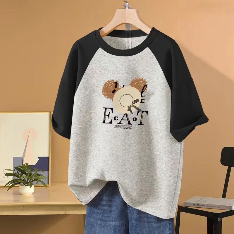 撞色短袖t恤女2025春夏季新款圆领印花洋气质感宽松纯棉体恤上衣
