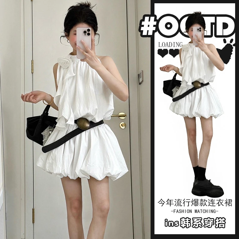 法式白色荷叶边玫瑰花挂脖连衣裙女夏季收腰显瘦花苞裙无袖短裙