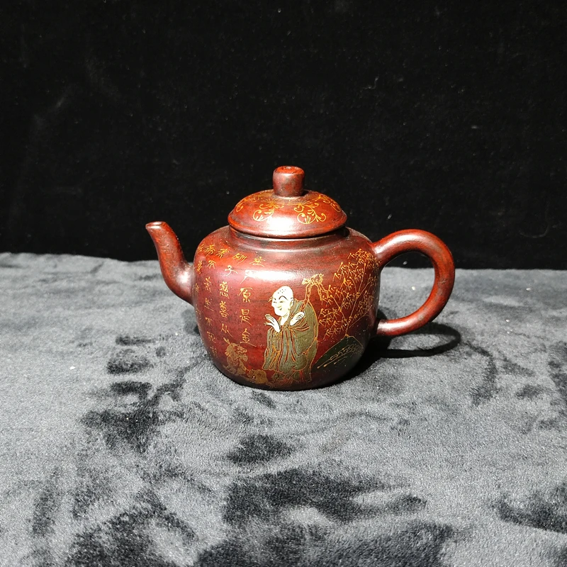 【闪购商品】清乾隆 人物加彩满绘描金伏虎罗汉紫砂壶