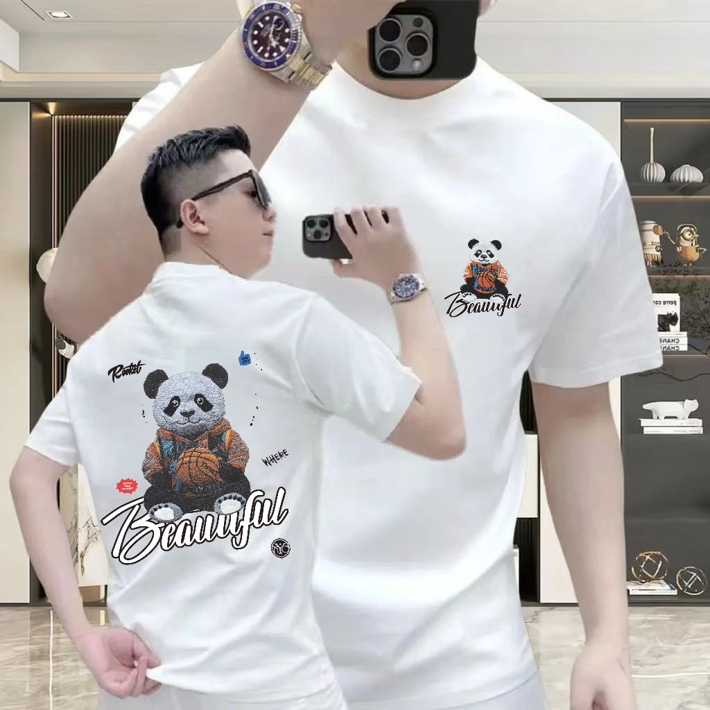 卡通熊猫印花短袖T恤男士圆领痞帅纯棉潮流夏季休闲上衣