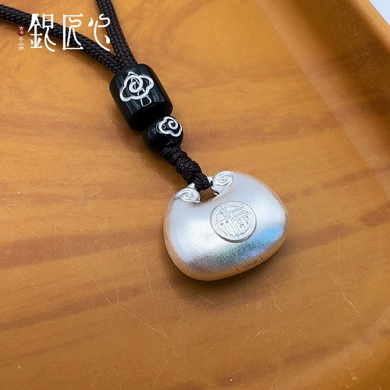 吊坠足银 【银匠心】足银999.9纯银实心小胖福百福福到古法磨砂吊坠