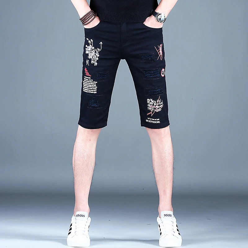 韩俊尼 欧货夏季黑色牛仔短裤修身弹力时尚刺绣破洞高端马裤五分