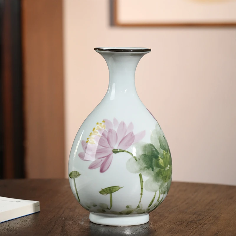 景德镇手绘荷花客厅酒柜玄关架家居装饰品