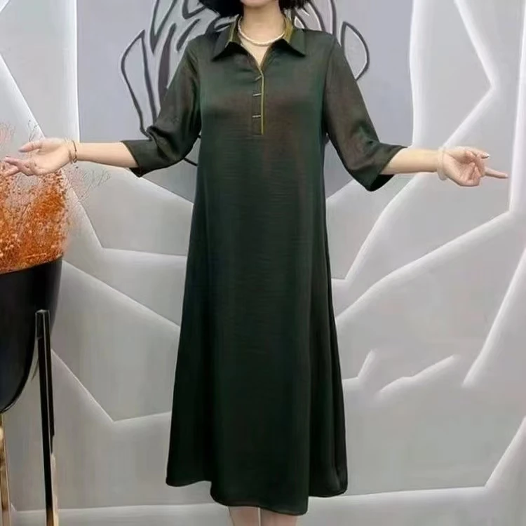 2025妈妈仿真丝宽松连衣裙时尚七分袖新款中长款大码妈妈裙连衣裙