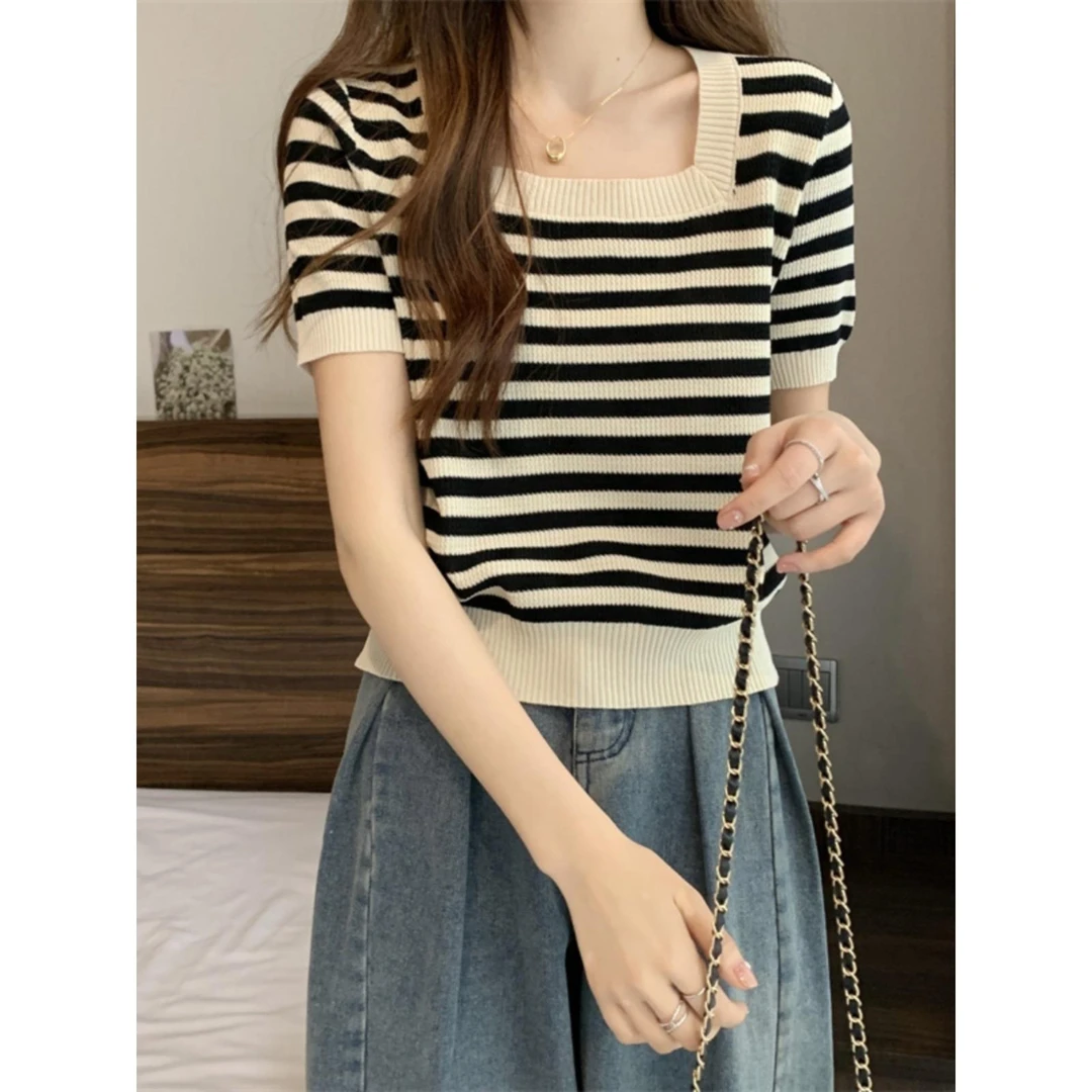 条纹冰丝针织短袖T恤女夏季新款宽松时尚减龄体恤显瘦方领上衣
