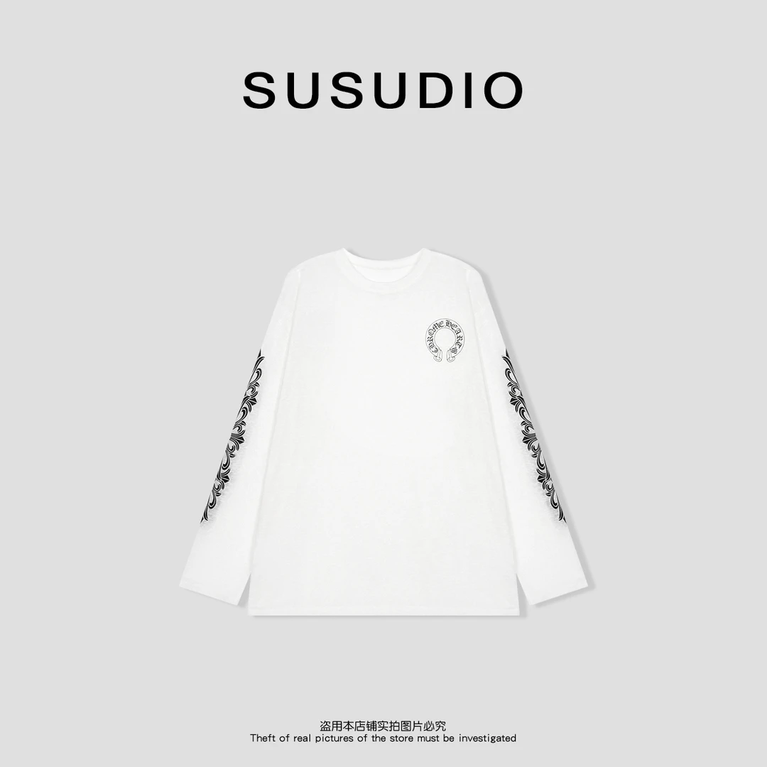 SUSUDIO 莱赛尔美式圆领慵懒小众休闲百搭印花长袖T恤10520