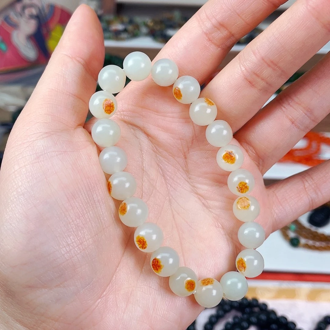 和田玉9mm白玉颗颗带皮羊油膏膏+配件未镶嵌风*花