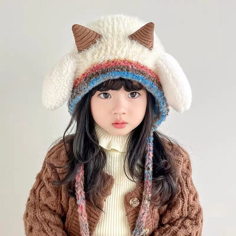 可爱小羊毛绒帽子女孩秋冬季保暖加厚绑带针织护耳帽时尚百搭