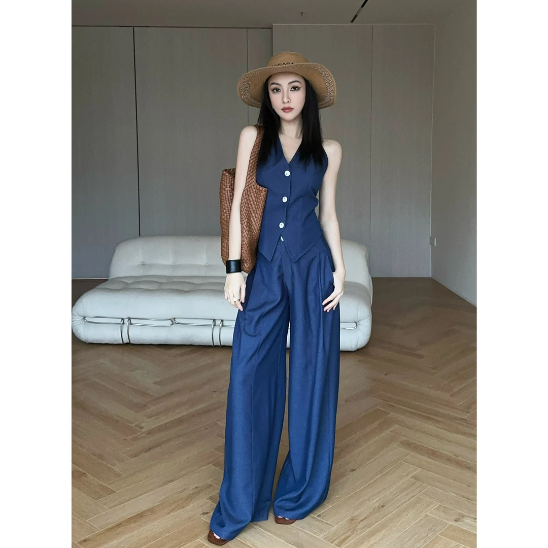 JIJINQI夏季设计感复古蓝垂感百搭马甲 宽松阔腿裤JD04SZQM066