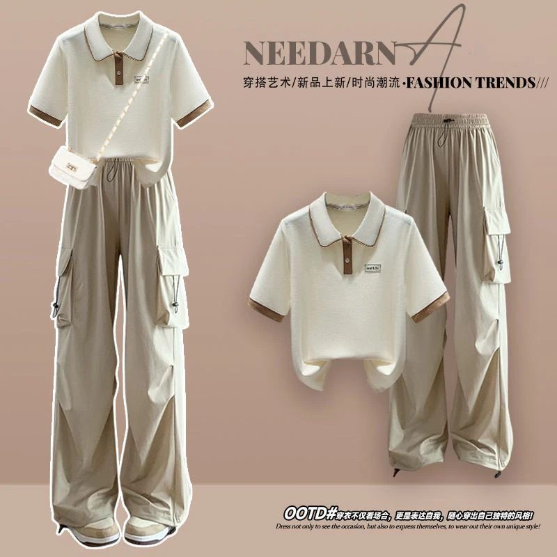学院风正肩polo衫t恤短袖2025新款夏季多巴胺帅气工装裤两件套潮