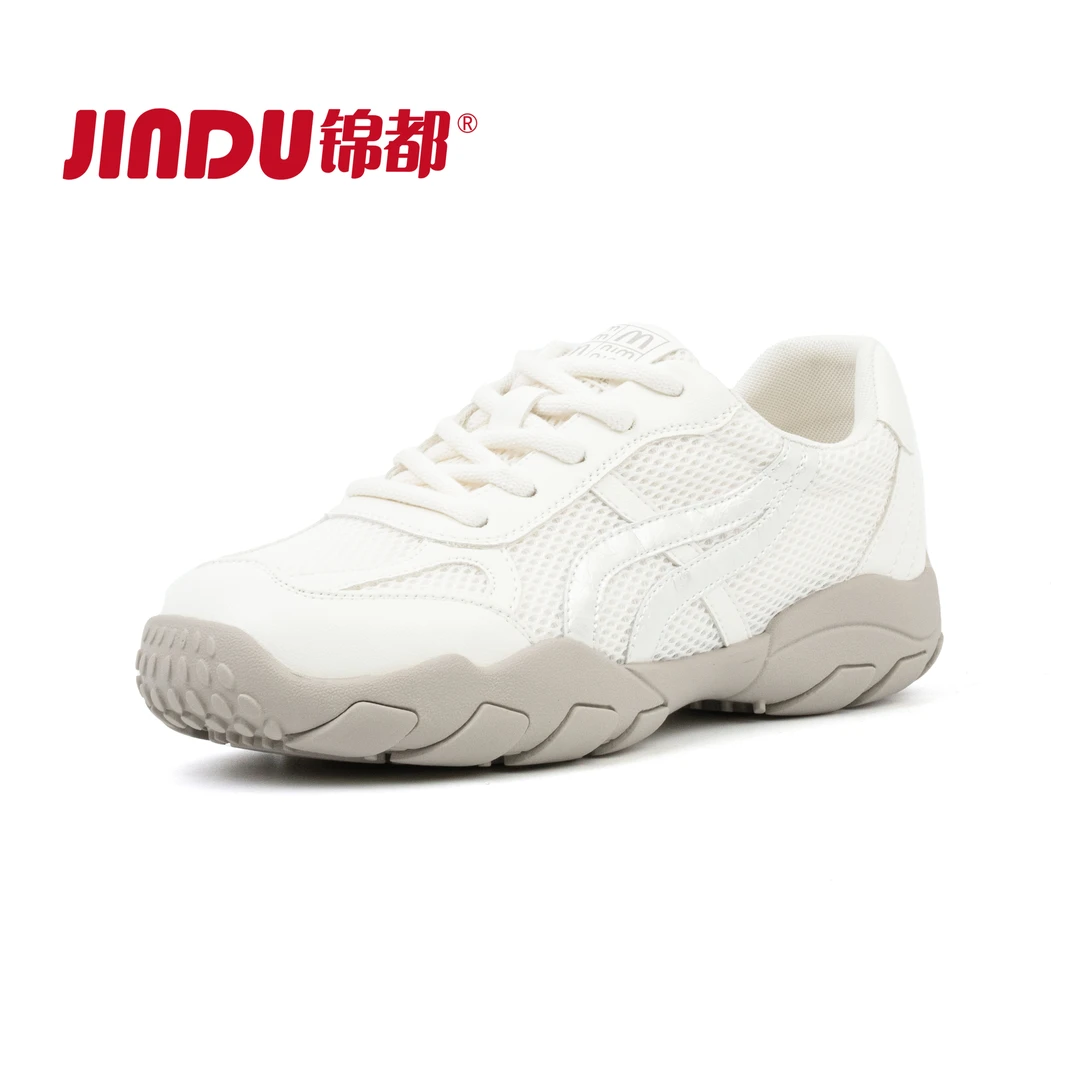 JINDU/锦都真皮网面鞋女2025夏季新款镂空厚底薄款透气休闲运动