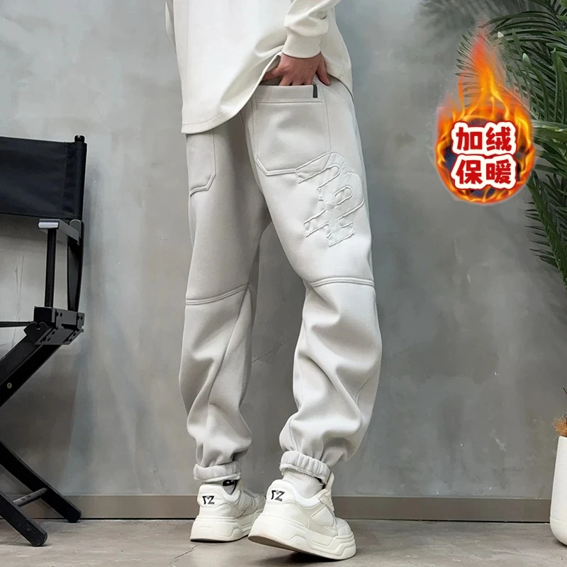 互友男装秋冬加绒加厚美式潮牌束脚卫裤男宽松型刺绣韩版休闲裤男