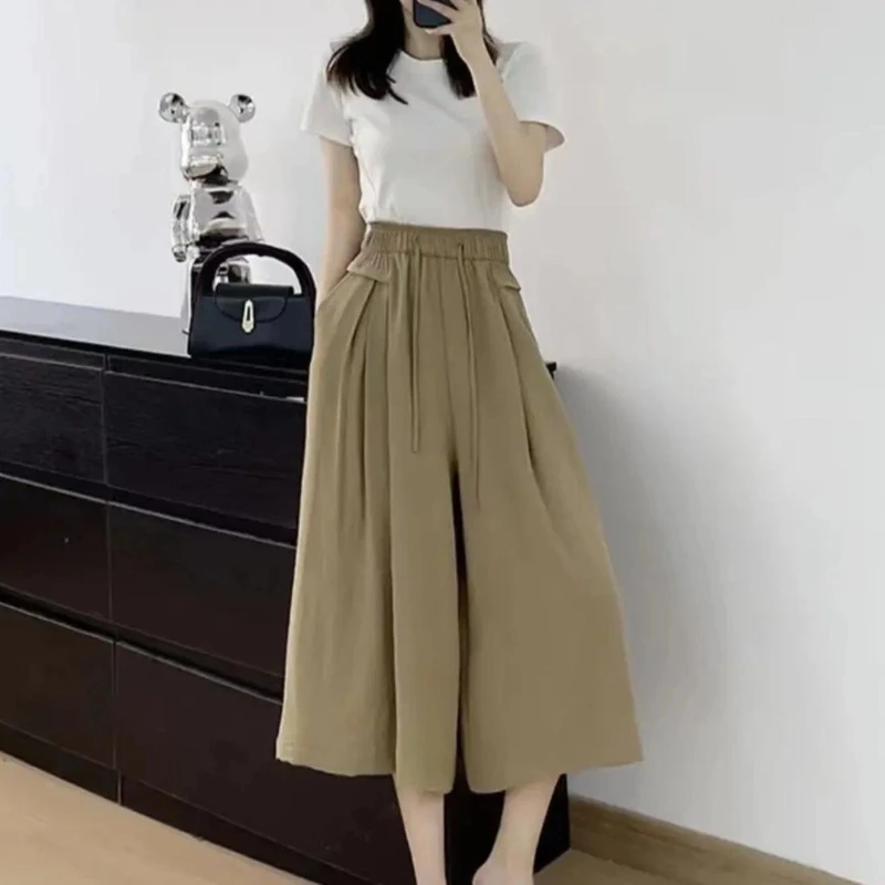 夏季薄款高腰显瘦冰丝阔腿裤垂感休闲山本七分裙裤2852