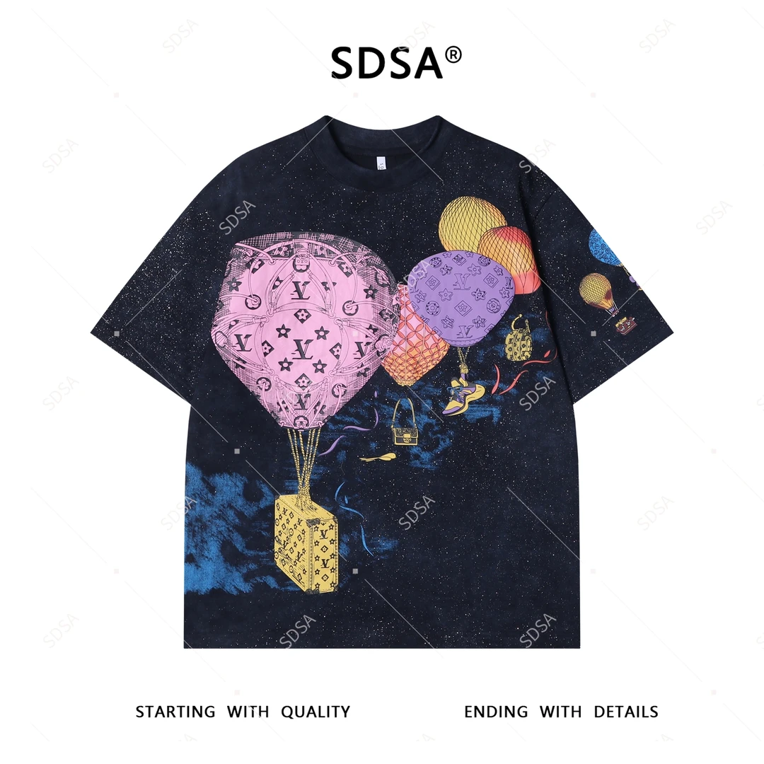 夏季高级感新款男士美式彩色热气球印花短袖T恤满天星百搭上衣