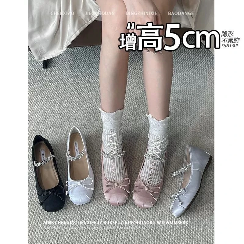 小个子5厘米~单鞋蝴蝶结钻带圆头一字浅口配2025今年流行鞋子