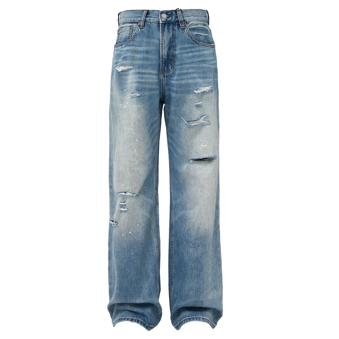 TAICHIISM“水澜”破洞做旧直筒宽松复古猫须泼墨夏季牛仔裤
