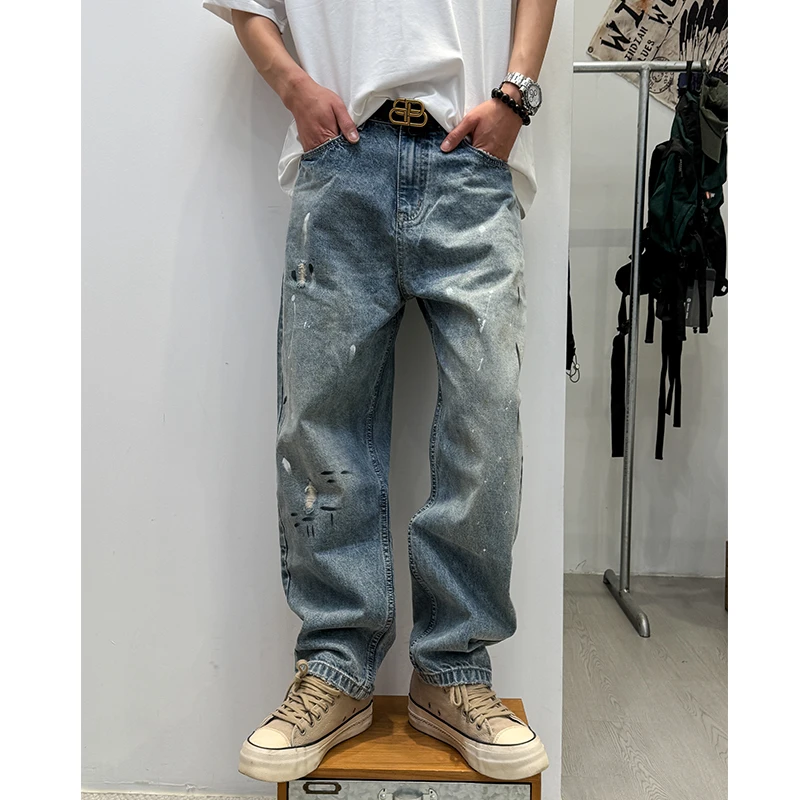 日系复古工装手动泼墨宽松哈伦牛仔裤男夏季宽松长裤