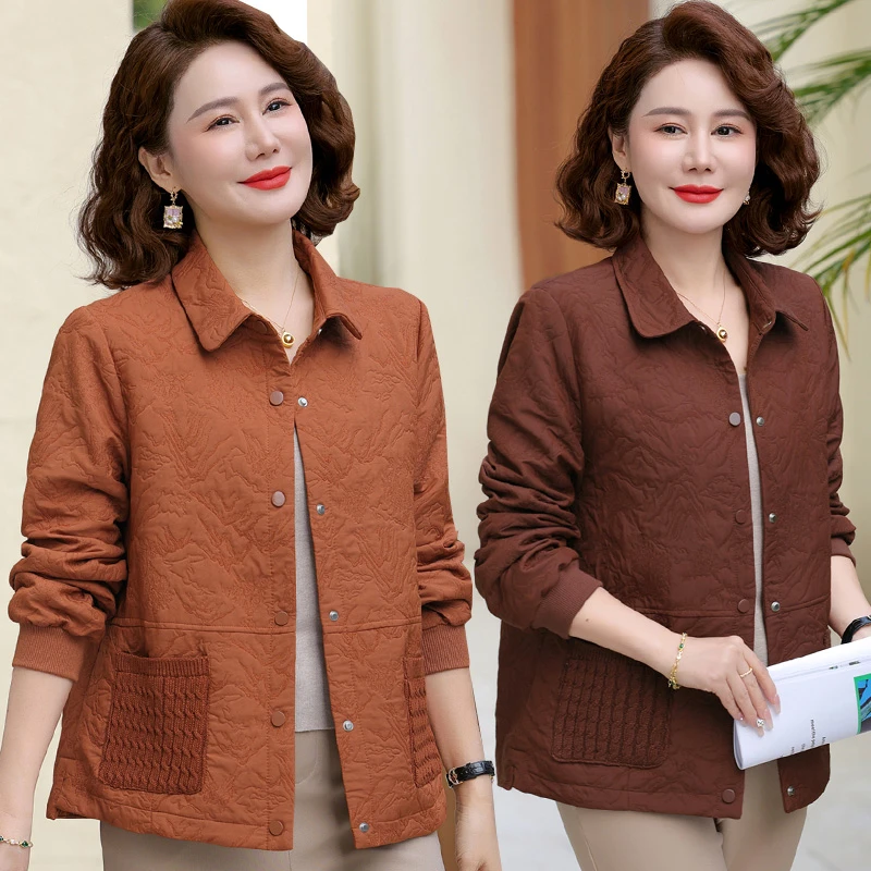 中年妈妈春秋装长袖翻领衬衫外套2025新款中老年时尚休闲夹克上衣