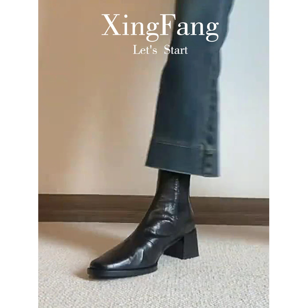 DR私定旗舰版~复古方头粗跟短靴女2025新款秋冬英伦高跟切尔西靴