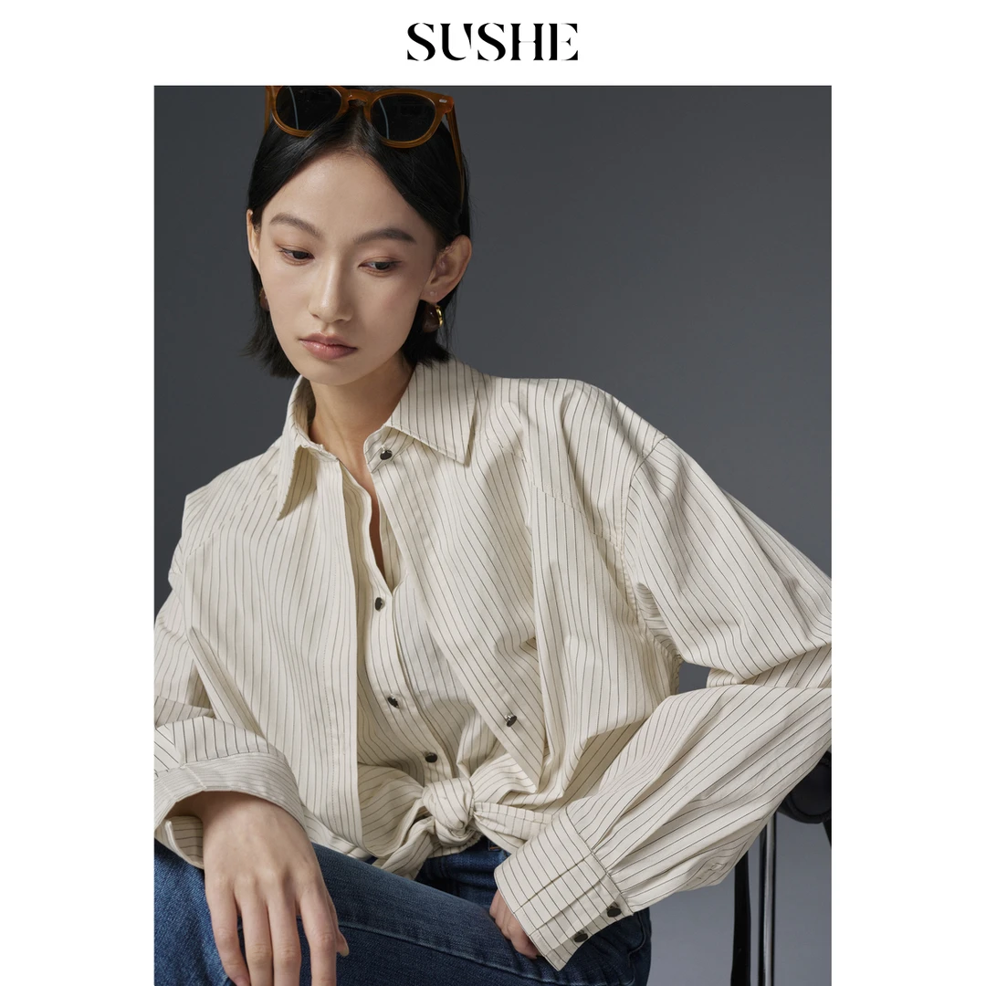 束皙SUSHE 意悠 都市休闲条纹假两件白色衬衫设计感春季衬衣