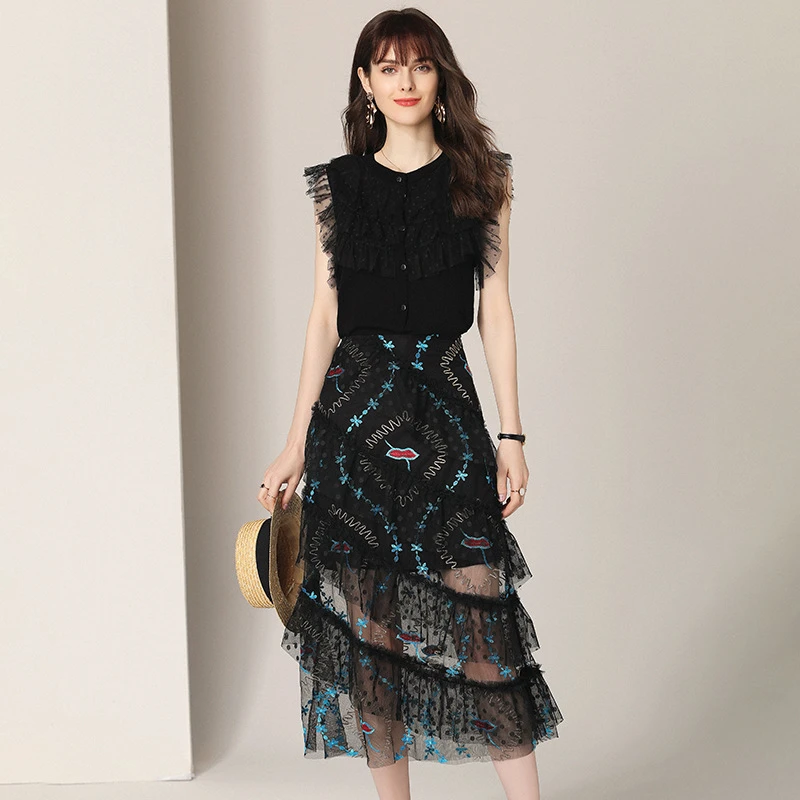 KROCHE&CHEN法式时髦针织衫气质重工显瘦高腰半身A字裙刺绣网纱裙