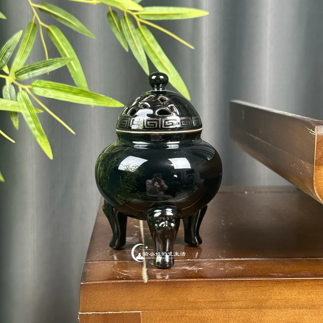 黑金釉手工三足香炉 龙泉仿古青瓷家用室内茶道香薰炉檀香炉