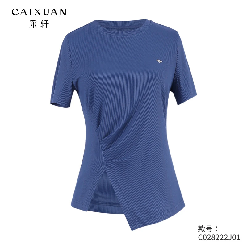 c028222j01 CAIXUAN采轩【夏款】不规则开叉收腰显瘦修身短袖上衣