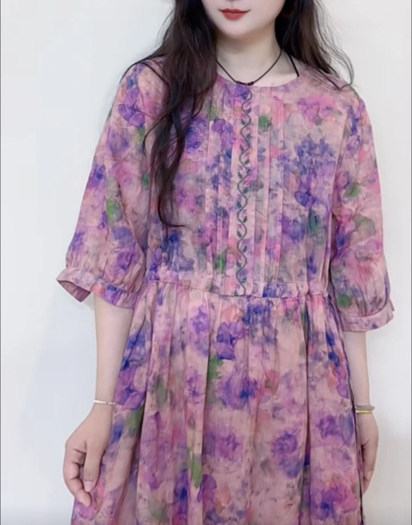 【漫漫花影】西缺新款夏季紫色圆领洋气宽松女装连衣裙印花气质温柔